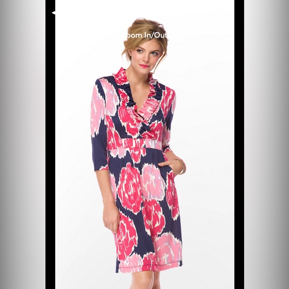 Lilly Pulitzer Augusta Bravissimo Dress Pink Navy Floral Ruched Side size small